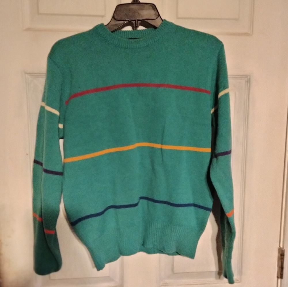 Vintage 80's Arrow SportsWear Teal Striped Crewneck 100% Acrylic Sweater( Size L